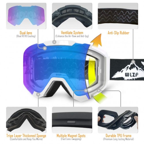 Extra Mile Ski Goggles Anti-fog UV Protection Winter Snow Sports Snowboard Goggles with Interchangeable Spherical Dual Lens for Men Women & Youth Snowmobile Skiing Skating